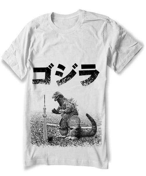 Maglietta Gojira Sunset Stile Vintage | T-shirt Uomo Giappone Kaiju Tokyo